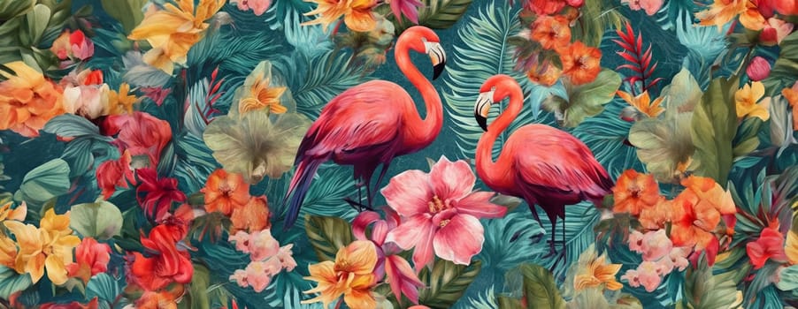 Tropical exotic pattern with animal and flowers in bright colors and lush vegetation. Ai Generative