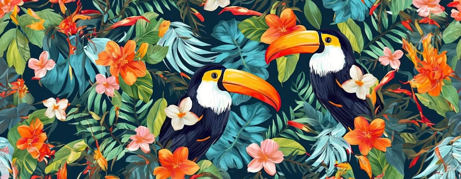 Tropical exotic pattern with animal and flowers in bright colors and lush vegetation. Ai Generative