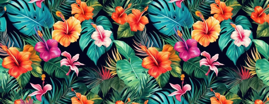 Tropical exotic pattern with animal and flowers in bright colors and lush vegetation. Ai Generative