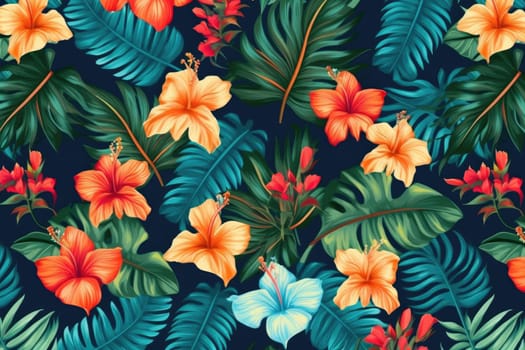 Tropical exotic pattern with animal and flowers in bright colors and lush vegetation. Ai Generative