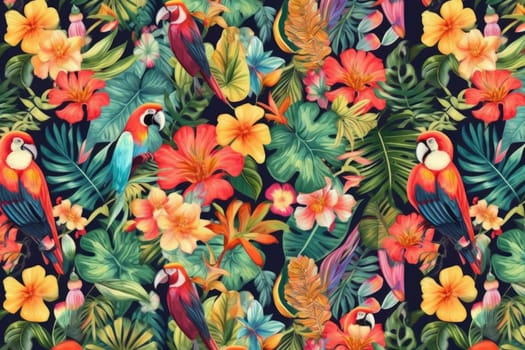 Tropical exotic pattern with animal and flowers in bright colors and lush vegetation. Ai Generative