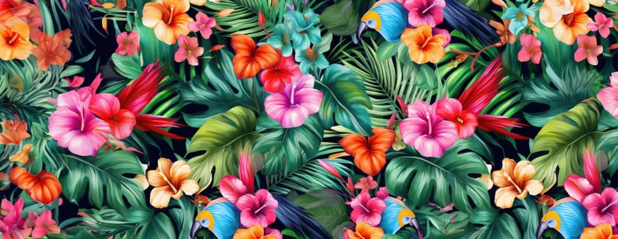 Tropical exotic pattern with animal and flowers in bright colors and lush vegetation. Ai Generative