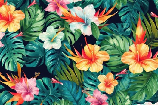 Tropical exotic pattern with animal and flowers in bright colors and lush vegetation. Ai Generative