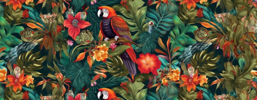 Tropical exotic pattern with animal and flowers in bright colors and lush vegetation. Ai Generative