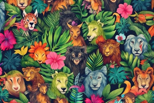 Tropical exotic pattern with animal and flowers in bright colors and lush vegetation. Ai Generative