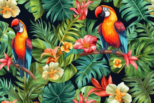 Tropical exotic pattern with animal and flowers in bright colors and lush vegetation. Ai Generative