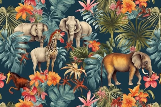 Tropical exotic pattern with animal and flowers in bright colors and lush vegetation. Ai Generative