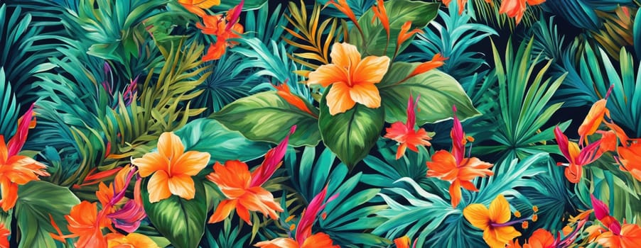 Tropical exotic pattern with animal and flowers in bright colors and lush vegetation. Ai Generative