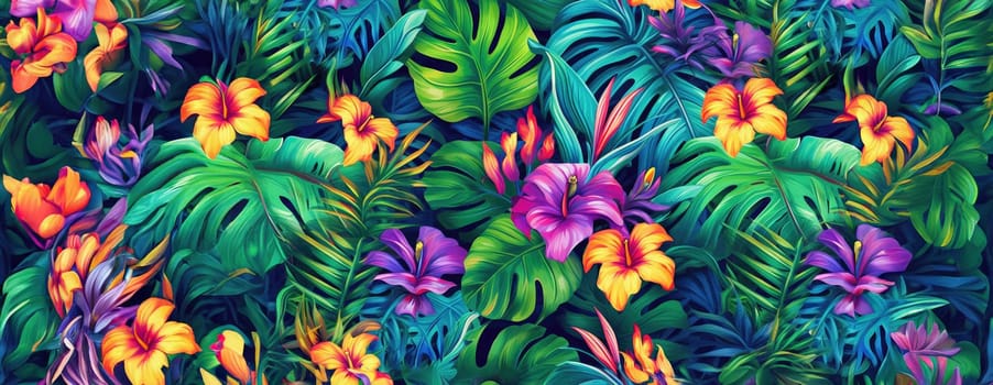 Tropical exotic pattern with animal and flowers in bright colors and lush vegetation. Ai Generative