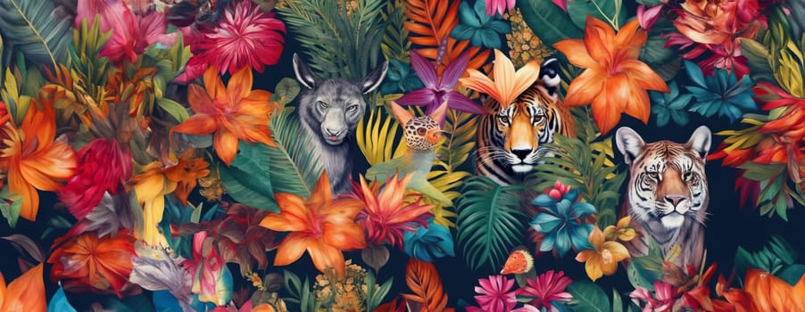 Tropical exotic pattern with animal and flowers in bright colors and lush vegetation. Ai Generative