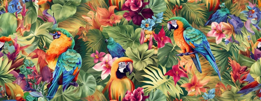 Tropical exotic pattern with animal and flowers in bright colors and lush vegetation. Ai Generative