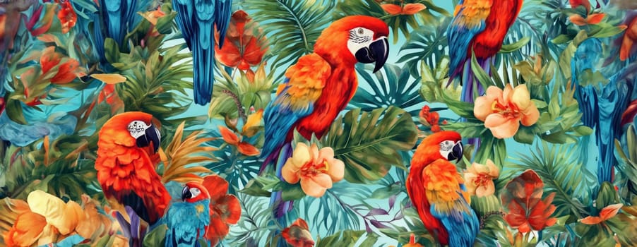 Tropical exotic pattern with animal and flowers in bright colors and lush vegetation. Ai Generative