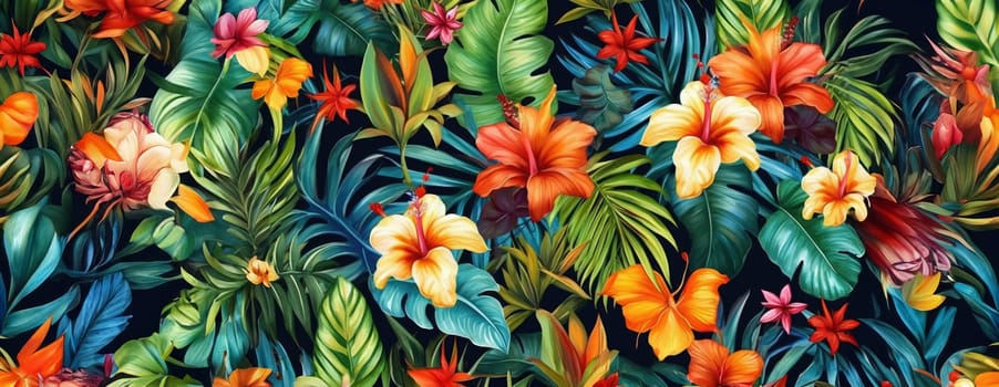 Tropical exotic pattern with animal and flowers in bright colors and lush vegetation. Ai Generative