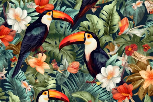 Tropical exotic pattern with animal and flowers in bright colors and lush vegetation. Ai Generative