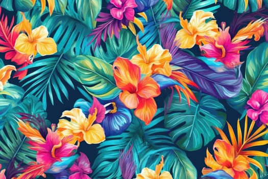 Tropical exotic pattern with animal and flowers in bright colors and lush vegetation. Ai Generative