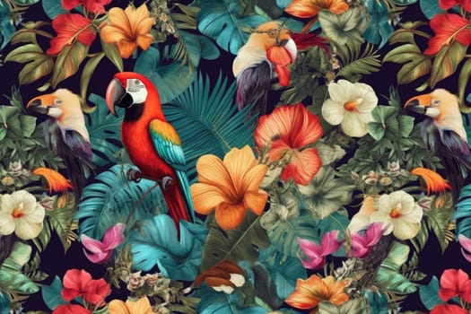 Tropical exotic pattern with animal and flowers in bright colors and lush vegetation. Ai Generative