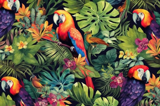 Tropical exotic pattern with animal and flowers in bright colors and lush vegetation. Ai Generative