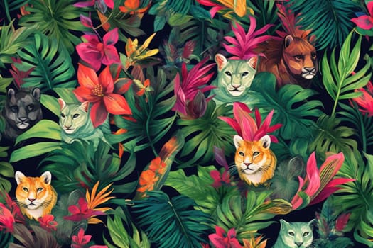 Tropical exotic pattern with animal and flowers in bright colors and lush vegetation. Ai Generative