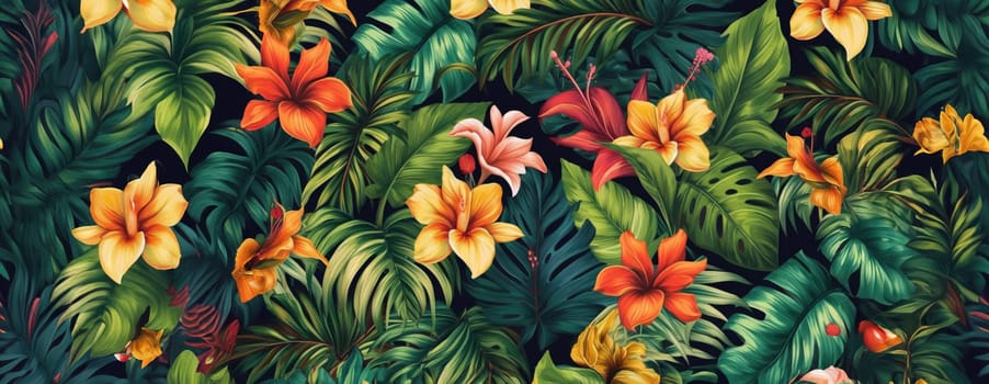 Tropical exotic pattern with animal and flowers in bright colors and lush vegetation. Ai Generative