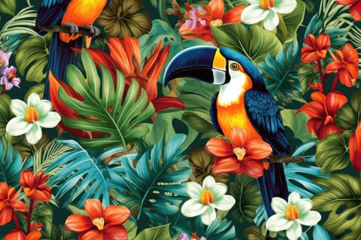 Tropical exotic pattern with animal and flowers in bright colors and lush vegetation. Ai Generative