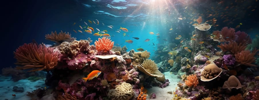 Tropical sea underwater fishes on coral reef. Aquarium oceanarium wildlife colorful marine panorama landscape nature snorkel diving. AI Generative