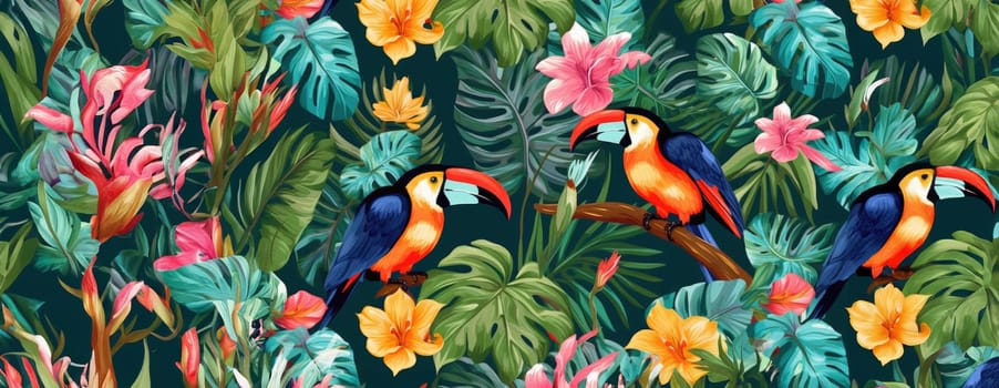 Tropical exotic pattern with animal and flowers in bright colors and lush vegetation. Ai Generative