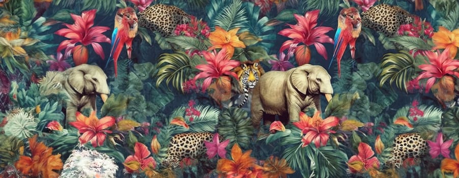 Tropical exotic pattern with animal and flowers in bright colors and lush vegetation. Ai Generative