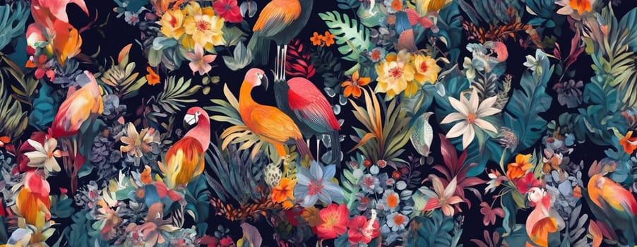 Tropical exotic pattern with animal and flowers in bright colors and lush vegetation. Ai Generative