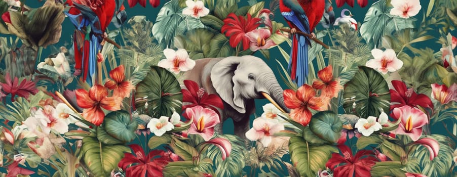 Tropical exotic pattern with animal and flowers in bright colors and lush vegetation. Ai Generative