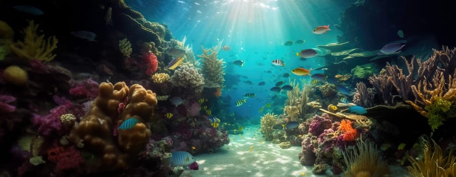 Tropical sea underwater fishes on coral reef. Aquarium oceanarium wildlife colorful marine panorama landscape nature snorkel diving. AI Generative