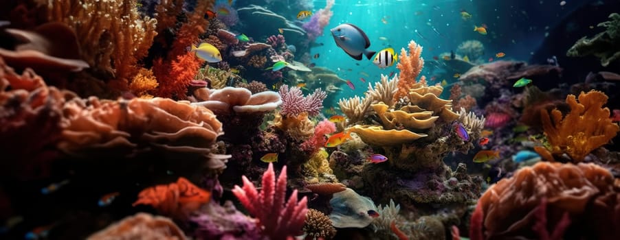 Tropical sea underwater fishes on coral reef. Aquarium oceanarium wildlife colorful marine panorama landscape nature snorkel diving. AI Generative