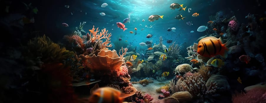 Tropical sea underwater fishes on coral reef. Aquarium oceanarium wildlife colorful marine panorama landscape nature snorkel diving. AI Generative