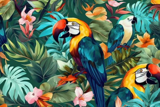 Tropical exotic pattern with animal and flowers in bright colors and lush vegetation. Ai Generative