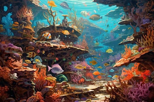 Tropical sea underwater fishes on coral reef. Aquarium oceanarium wildlife colorful marine panorama landscape nature snorkel diving. AI Generative