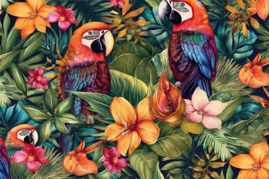 Tropical exotic pattern with animal and flowers in bright colors and lush vegetation. Ai Generative