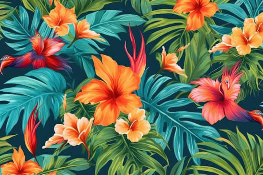 Tropical exotic pattern with animal and flowers in bright colors and lush vegetation. Ai Generative