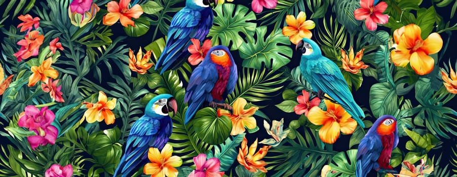 Tropical exotic pattern with animal and flowers in bright colors and lush vegetation. Ai Generative