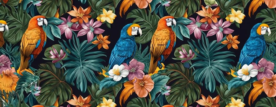 Tropical exotic pattern with animal and flowers in bright colors and lush vegetation. Ai Generative