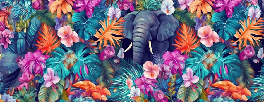 Tropical exotic pattern with animal and flowers in bright colors and lush vegetation. Ai Generative