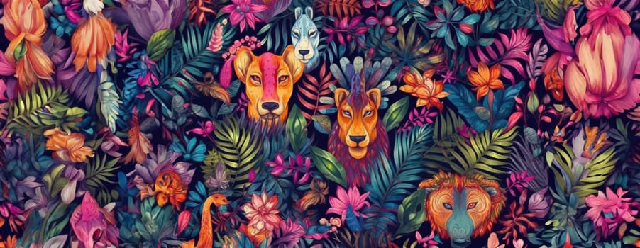 Tropical exotic pattern with animal and flowers in bright colors and lush vegetation. Ai Generative