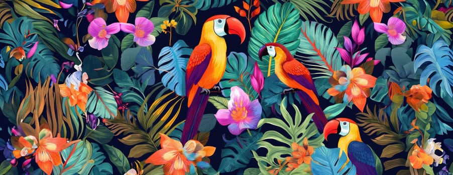 Tropical exotic pattern with animal and flowers in bright colors and lush vegetation. Ai Generative