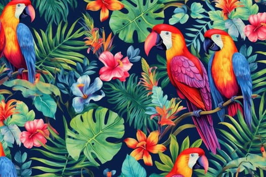 Tropical exotic pattern with animal and flowers in bright colors and lush vegetation. Ai Generative