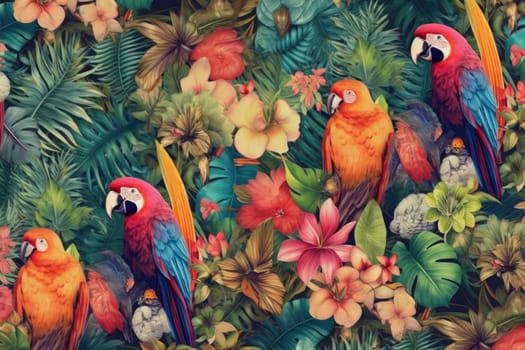 Tropical exotic pattern with animal and flowers in bright colors and lush vegetation. Ai Generative