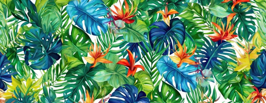 Tropical exotic pattern with animal and flowers in bright colors and lush vegetation. Ai Generative