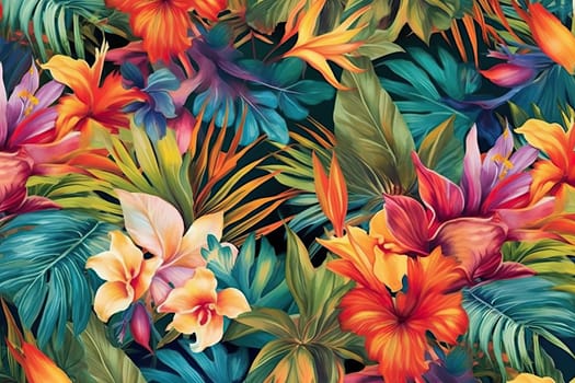 Tropical exotic pattern with animal and flowers in bright colors and lush vegetation. Ai Generative