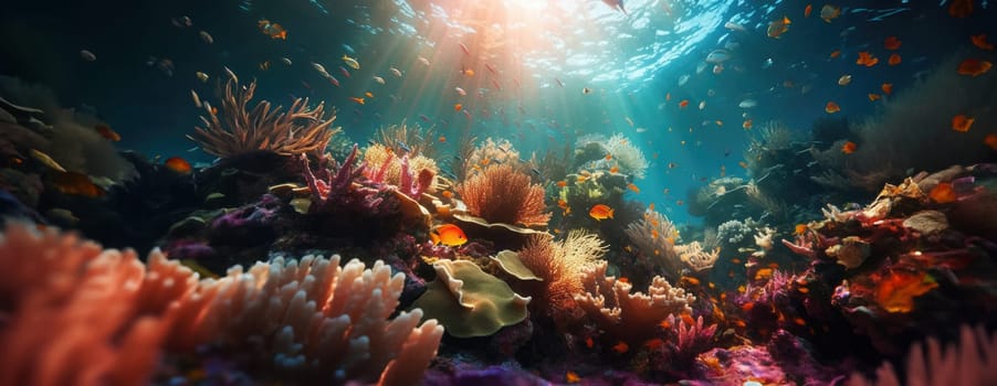 Tropical sea underwater fishes on coral reef. Aquarium oceanarium wildlife colorful marine panorama landscape nature snorkel diving. AI Generative