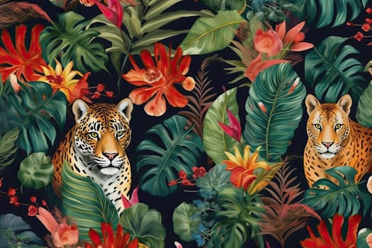 Tropical exotic pattern with animal and flowers in bright colors and lush vegetation. Ai Generative