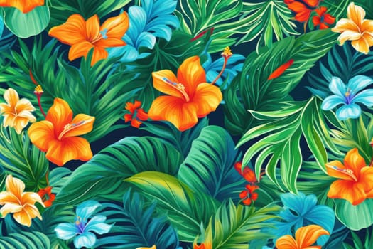 Tropical exotic pattern with animal and flowers in bright colors and lush vegetation. Ai Generative