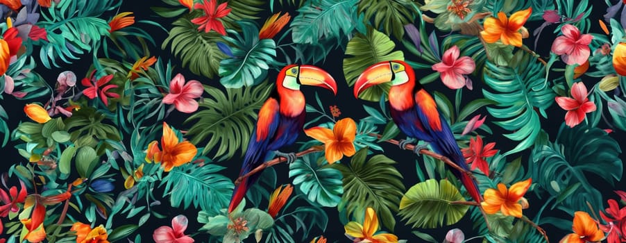 Tropical exotic pattern with animal and flowers in bright colors and lush vegetation. Ai Generative