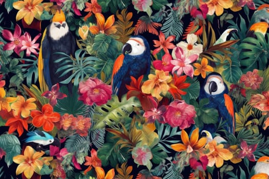 Tropical exotic pattern with animal and flowers in bright colors and lush vegetation. Ai Generative